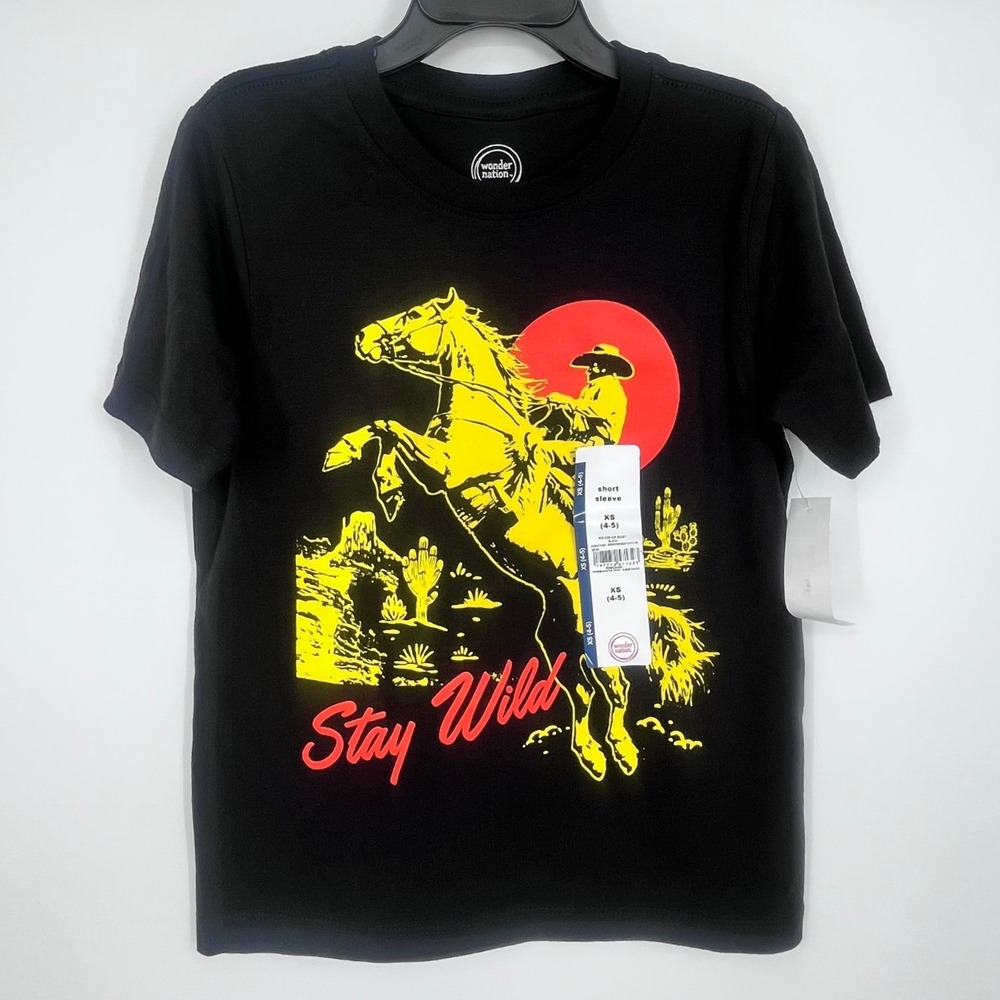 Stay Wild Cowboy Horse‎ Western Shirt Graphic Kids XS 4-5 Black Rodeo Casual Tee